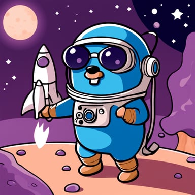 A go blue gopher with eyeglasses and an astronaut suit is ready for space adventures.