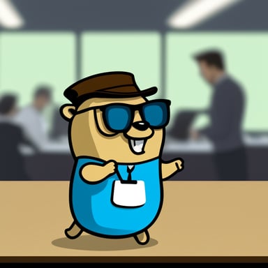 A go blue gopher with nerdy glasses and a server in the background.
