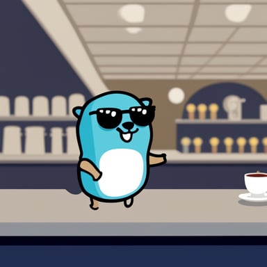 A go blue gopher with nerdy glasses and a server in the background.