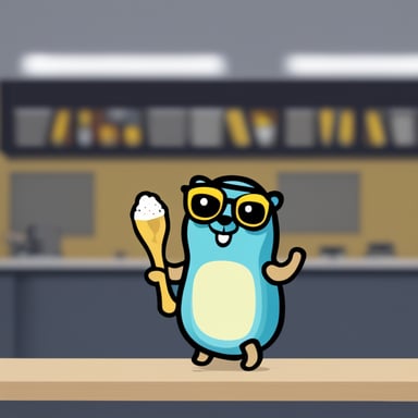 A go blue gopher with nerdy glasses and a server in the background.