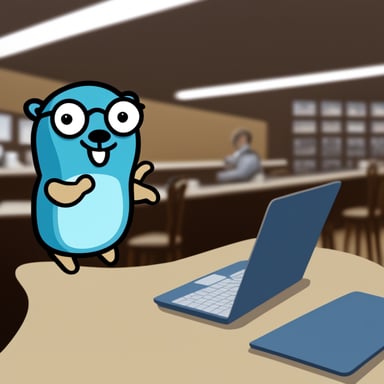 A go blue gopher with nerdy glasses and a server in the background.