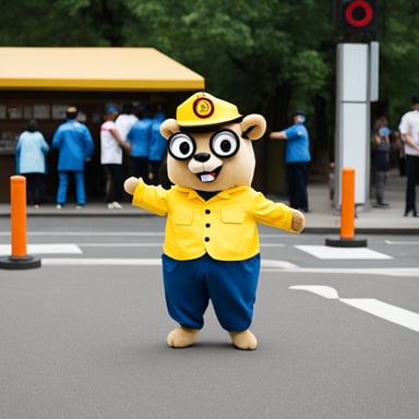 Go Blue Gopher controlling a people queue while wearing a traffic guard costume.