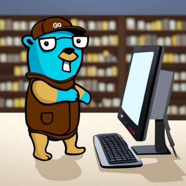 A Go Blue Gopher is in control of a computer resources queue, strategically positioned between those who have already passed by him and those about to do so.