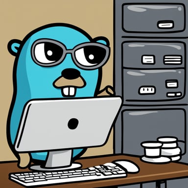 A Go Blue Gopher is in control of a computer resources queue, strategically positioned between those who have already passed by him and those about to do so.