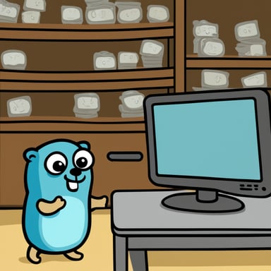 A Go Blue Gopher is in control of a computer resources queue, strategically positioned between those who have already passed by him and those about to do so.