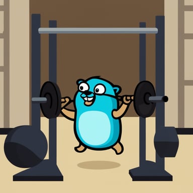 Go Blue Gopher exercising inside a crossfit box, holding a bar doing the snatch exercise.