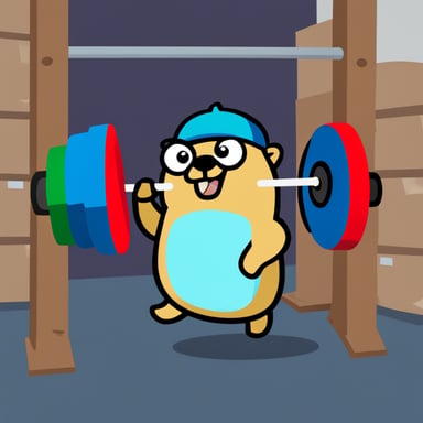 Go Blue Gopher exercising inside a crossfit box, holding a bar doing the snatch exercise.