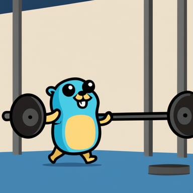 Go Blue Gopher exercising inside a crossfit box, holding a bar doing the snatch exercise.