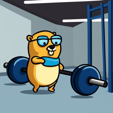Go Blue Gopher exercising inside a crossfit box, holding a bar doing the snatch exercise.