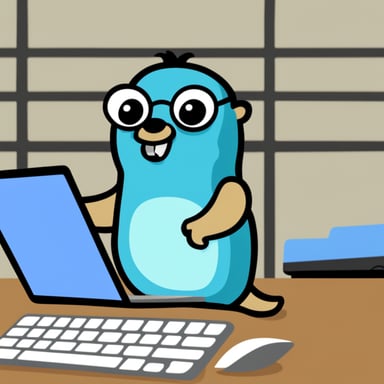 Go Blue Gopher exercises at the gym while holding a MacBook. On the MacBook screen, there's code written in GoLang doing a println Hello, World.