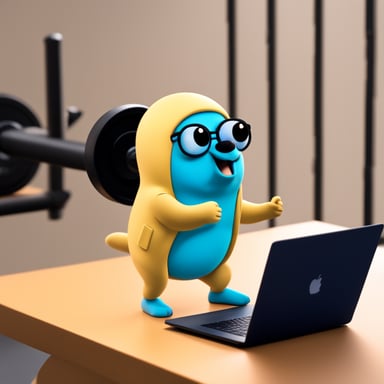 Go Blue Gopher exercises at the gym while holding a MacBook. On the MacBook screen, there's code written in GoLang doing a println Hello, World.