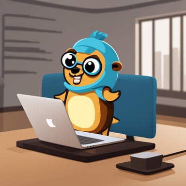 Go Blue Gopher exercises at the gym while holding a MacBook. On the MacBook screen, there's code written in GoLang doing a println Hello, World.