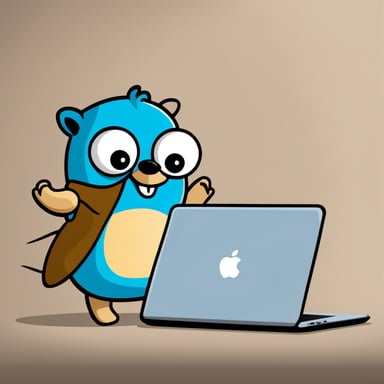 Go Blue Gopher exercises at the gym while holding a MacBook. On the MacBook screen, there's code written in GoLang doing a println Hello, World.
