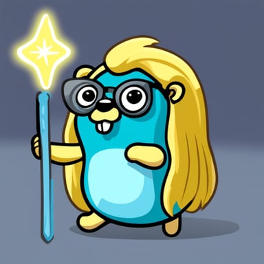 Go Blue Gopher with long yellow hair, glasses, and a magic wand in hand.