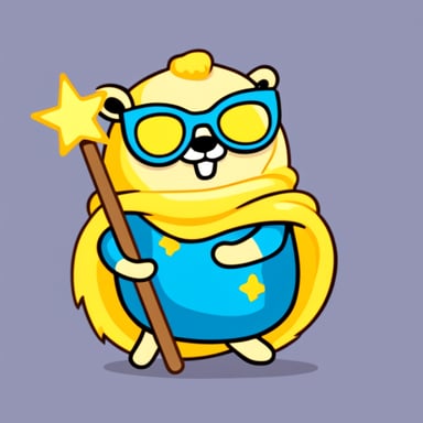 Go Blue Gopher with long yellow hair, glasses, and a magic wand in hand.