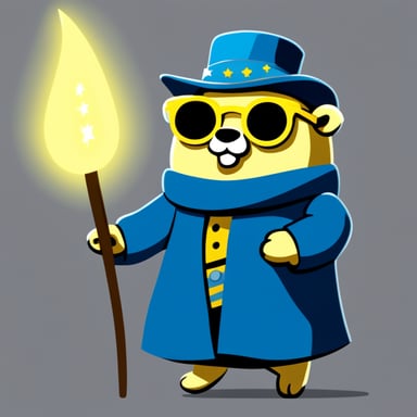 Go Blue Gopher with long yellow hair, glasses, and a magic wand in hand.