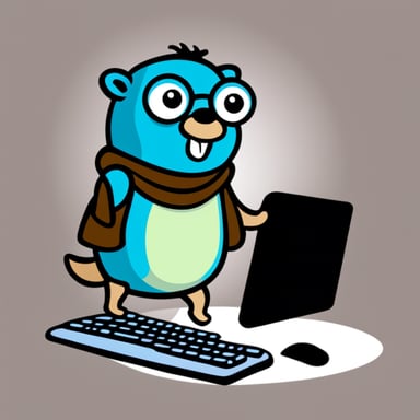 Go Blue Gopher with a keyboard in hand and whitepapers around it, transparent background.