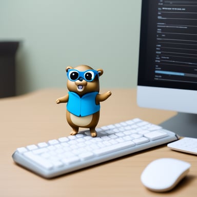 Go Blue Gopher with a keyboard in hand and whitepapers around it, transparent background.