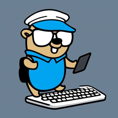 Go Blue Gopher with a keyboard in hand and whitepapers around it, transparent background.