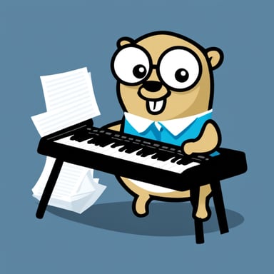 Go Blue Gopher with a keyboard in hand and whitepapers around it, transparent background.