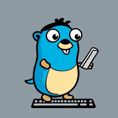 Simple image with Go Blue Gopher, sporting long hair, standing on a computer keyboard with a transparent background.