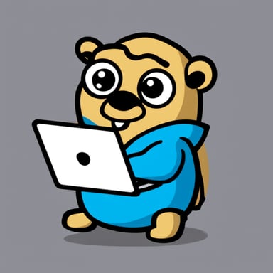 Simple image with Go Blue Gopher, sporting long hair, standing on a computer keyboard with a transparent background.
