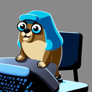 Simple image with Go Blue Gopher, sporting long hair, standing on a computer keyboard with a transparent background.