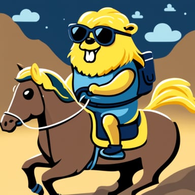 Go Blue Gopher with long yellow hair, computer keyboard in hand and sunglasses, riding on a horse.