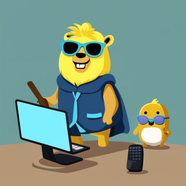 Go Blue Gopher with long yellow hair, computer keyboard in hand and sunglasses, riding on a horse.