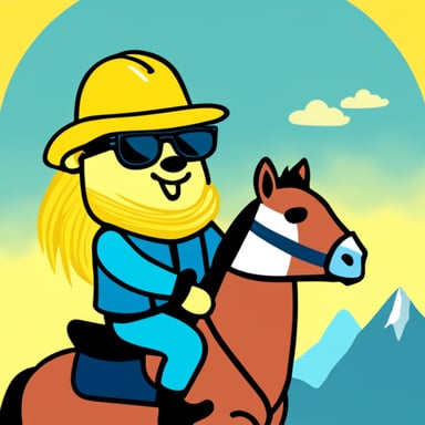 Go Blue Gopher with long yellow hair, computer keyboard in hand and sunglasses, riding on a horse.