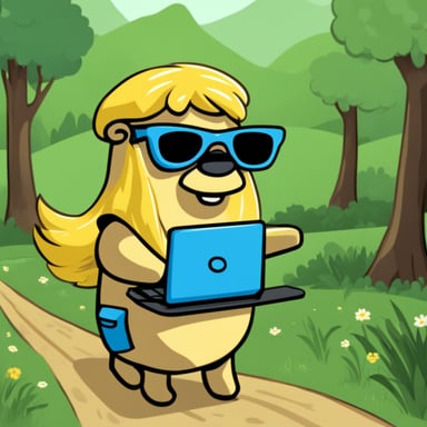 Go Blue Gopher with long yellow hair, computer keyboard in hand and sunglasses, riding on a horse.