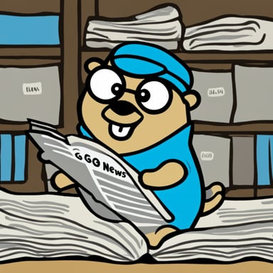 Go Blue Gopher reading a newspaper with 'Go News' headline.