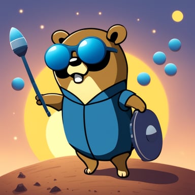 Go Blue Gopher is juggling three telecommunication satellites, wearing dark glasses, with the sun behind him.