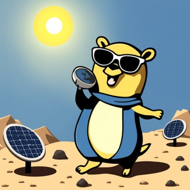 Go Blue Gopher is juggling three telecommunication satellites, wearing dark glasses, with the sun behind him.