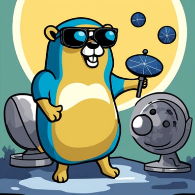 Go Blue Gopher is juggling three telecommunication satellites, wearing dark glasses, with the sun behind him.