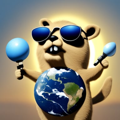 Go Blue Gopher is juggling three telecommunication satellites, wearing dark glasses, with the sun behind him.