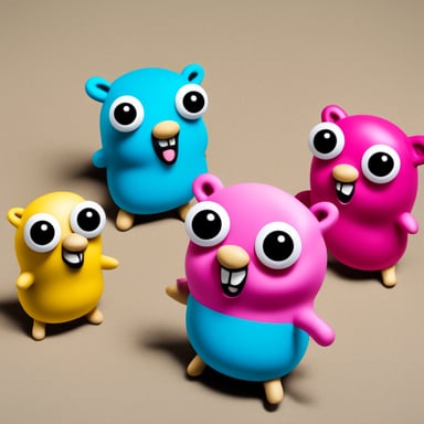 Five happy Go Blue Gopher and pink gophers are reunited.