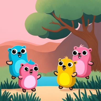 Five happy Go Blue Gopher and pink gophers are reunited.