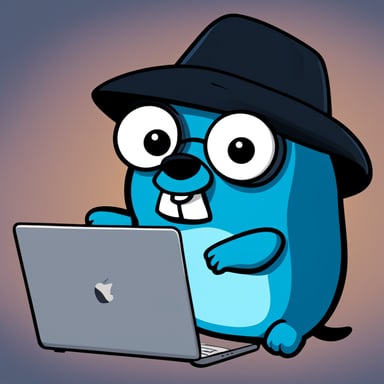 Cartoon-style illustration of Go Blue Gopher, a blue creature wearing a black hat and hoodie, stylized after the Go programming language's gopher.