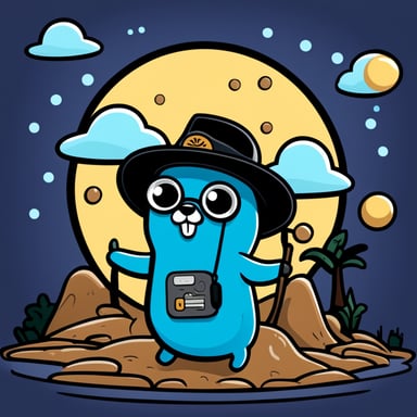 Cartoon-style illustration of Go Blue Gopher, a blue creature wearing a black hat and hoodie, stylized after the Go programming language's gopher.