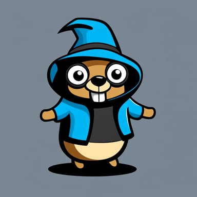 Cartoon-style illustration of Go Blue Gopher, a blue creature wearing a black hat and hoodie, stylized after the Go programming language's gopher.