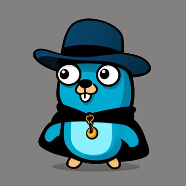 Cartoon-style illustration of Go Blue Gopher, a blue creature wearing a black hat and hoodie, stylized after the Go programming language's gopher.