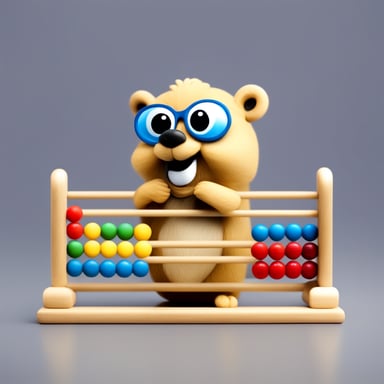 A happy go blue gopher counting with an abacus on a plain white background.