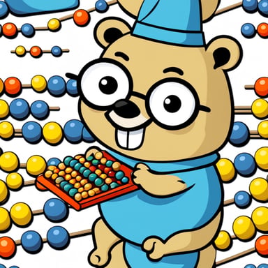 A happy go blue gopher counting with an abacus on a plain white background.