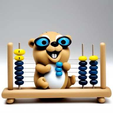 A happy go blue gopher counting with an abacus on a plain white background.