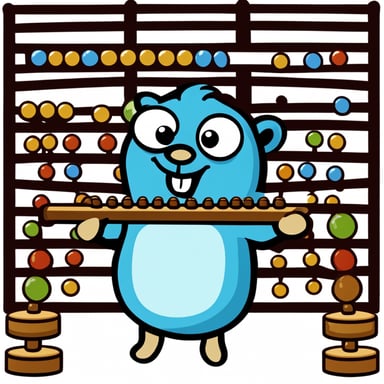 A happy go blue gopher counting with an abacus on a plain white background.