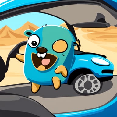 Happy Go Blue Gopher in a car.