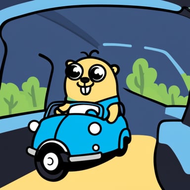 Happy Go Blue Gopher in a car.
