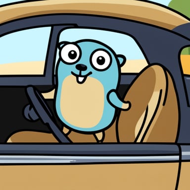 Happy Go Blue Gopher in a car.