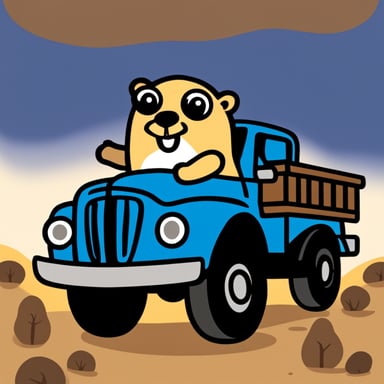 Happy Go Blue Gopher in a truck.